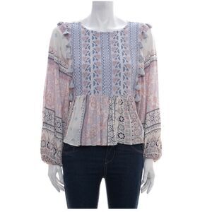 American Eagle Paisley Bohemian Boho Tassel Long Sleeve Blouse Top Size Small S